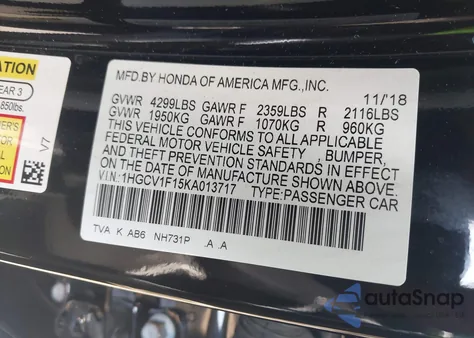 2019 Honda Accord Lx from USA, damaged, VIN 1HGCV1F15KA013717